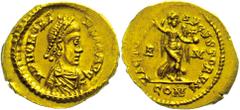 Ancient Coins Münzen Römische Kaiserzeit Honorius, 395-402, Tremisses (1,48g). Av: Brustbild nach rechts, darum Umschrift. Rev: Viktoria mit Kranz und Kreuzglobus nach rechts zwischen R-M, darum Umsch