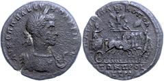 Ancient Coins Münzen der Römischen Provinzen Moesia Inferior, Nikopolis, Æ (9,42g), Macrinus, 217-218. Av: Büste nach rechts, darum Umschrift. Rev: Kaiser in Quadriga, davor ein Soldat, im Hintergrund