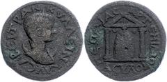 Ancient Coins Münzen der Römischen Provinzen Pamphylien, Magydos, Æ (10,55g), Gordianus III., 238-244. Av: Brüste der Tranquillina nach rechts, darum Umschrift. Rev: Zweisäuliger Tempel der Artemis Pe