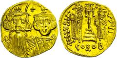 Ancient Coins Münzen Byzanz Constans II., 641-668, Solidus (4,29g), Konstantinopel. Av: Die Brustbilder von Constans II. und Constantinus IV. nebeneinander von vorn. Rev: Stehender Heraclius und Tiber