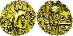 Coins of Europe and Overseas Indien Kushan, Gadahra, Gold Stater (7,77g), 320-350. Av: Stehender König opfernd vor Altar. Rev: Thronende Göttin Ardoksho von vorn. Mitchiner 3594, ss. ss India Kushan, 