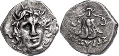 Ancient Coins Karien Rhodos, Drachme (2,53g), 304-288 v. Chr.. Av: Heloiskopf von vorn. Rev: Rose zwischen zwei Knospen. SNG Cop. 919, ss. ss Caria Rhodes, drachm (2, 53g), 304-288 BC. Av: Helios head