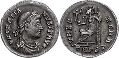 Ancient Coins Münzen Römische Kaiserzeit Gratianus, 367-383. Siliqua (2,05g), Trier. Av: Büste nach rechts, darum "DN GRATIA-NVS PF AVG". Rev: sitzende Roma nach links, darum "VRBS ROMA". Ss. ss Coins