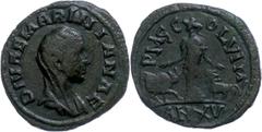 Ancient Coins Münzen der Römischen Provinzen Moesia superior, Viminacium, Æ (9,36g), 253-254 Mariniana. Av: Büste nach rechts, darum "DIVAE MARINIANAE". Rev: Stehende Moesia zwischen Stier und Löwe, d