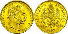 Coins of Europe and Overseas Österreich 1806 - 1918 8 Florin/20 Francs, Gold, 1892, Nachprägung, berieben, vz-st., Katalog: Fb. 502R vz-st Old Austria coins until 1918 8 florin / 20 Franc, Gold, 1892,