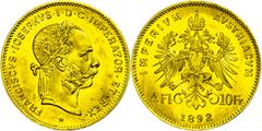 Coins of Europe and Overseas Österreich 1806 - 1918 4 Florin/10 Francs, Gold, 1892, Nachprägung, berieben, vz., Katalog: Fb. 503R vz Old Austria coins until 1918 4 florin / 10 Franc, Gold, 1892, restr
