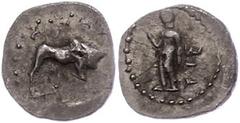 Ancient Coins Kilikien Kleinasien, unbestimmte Münzstätte (Kilikien?), Obol (0,67g). Av: Stier nach rechts, darum Perlkreis. Rev: Stehende Gestalt nach links blickend. SNG von Aulock -, sehr selten!, 