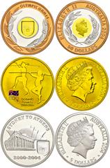 Coins of Europe and Overseas Australien Set zu 2x 5 und 1x 50 Dollars, XXVIII. Olympische Spiele in Athen, KM 727, 727 und 812, Schön 784 - 786, im Holzetui mit OVP und Zertifikat, PP, (50 Dollars mit