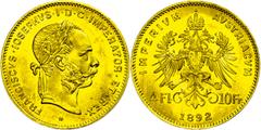 Coins of Europe and Overseas Österreich 1806 - 1918 4 Florin/10 Francs, Gold, 1892, Nachprägung, Fb. 503R, berieben, vz. vz Old Austria Coins until 1918 4 florin / 10 Franc, Gold, 1892, restrike mint,