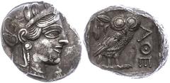 Ancient Coins Attika Athen, Tetradrachme (17,16g), ca. 403-365 v. Chr., Av: Athenekopf mit attischem Helm nach rechts, Rev: Eule nach rechts, dahinter Ölzweig und Mondsichel, davor "AOE". Svoronos Pl.