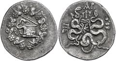 Ancient Coins Mysia Pergamon, Cistophor (12,02g). 2./1. Jhd. v. Chr. Av: Cista mystica im Efeukranz. Rev: Bogentasche zwischen zwei Schlangen, ss. ss Mysia Pergamum, Cistophor (12, 02g). 2. / 1. Jhd. 