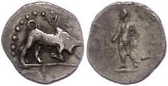Ancient Coins Kilikien Kleinasien, unbestimmte Münzstätte (Kilikien?), Obol (0,60g). Av: Stier nach rechts, darum Perlkreis. Rev: Stehende Gestalt nach links blickend. SNG von Aulock -, sehr selten!, 