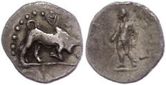 Ancient Coins Kilikien Kleinasien, unbestimmte Münzstätte (Kilikien?), Obol (0,60g). Av: Stier nach rechts, darum Perlkreis. Rev: Stehende Gestalt nach links blickend. SNG von Aulock -, sehr selten!, 