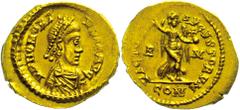 Ancient Coins Münzen Römische Kaiserzeit Honorius, 395-402, Tremisses (1,48g). Av: Brustbild nach rechts, darum Umschrift. Rev: Viktoria mit Kranz und Kreuzglobus nach rechts zwischen R-M, darum Umsch