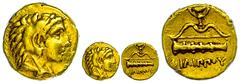 Ancient Coins Makedonien Pella, 1/4 Stater (2,12g), Gold, 359-336 v. Chr., Philipp II. Av: Herakleskopf mit Löwenfell nach rechts. Rev: Keule, Bogen und Kantharos. Ss. ss Macedonia Pella, + stater (2,