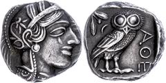 Ancient Coins Attika Athen, Tetradrachme (17,04g), ca. 460 v. Chr. Av: Athenakopf mit attischem Helm nach rechts. Rev: Eule nach rechts, dahinter Ölzweig und Mondsichel. Dewing 1591-1598 schöne Patina