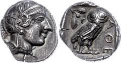Ancient Coins Attika Athen, Tetradrachme (17,13g), 403-365 v. Chr.. Av: Athenakopf mit attischem Helm nach rechts. Rev: Eule nach rechts, dahinter Ölzweig und Mondsichel. Svoronos Pl. 15/16, kl. Schrö