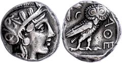 Ancient Coins Attika Athen, Tetradrachme (16,47g), ca. 337-294 v. Chr. Av: Athenakopf mit attischem Helm nach rechts. Rev: Eule nach rechts, dahinter Ölzweig und Mondsichel. Vgl. Dewing 1634, Svoronos