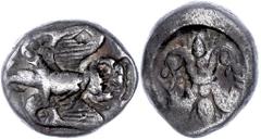 Ancient Coins Elis Olympia, Drachme (5,72g), ca. 460 v. Chr. Av: Fliegender Adler mit Schlange nach links, Gegenstempel. Rev: Geflügelter Blitz zwischen "F - A". Ss. ss Elis Olympic Games, drachm (5, 