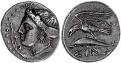 Ancient Coins Paphlagonien Sinope, Drachme (5,97g), ca. 330-300 v. Chr., Magistrat Agreos. Av: Nymphenkopf nach links, davor Aphlaston. Rev: Adler mit ausgebreiteten Schwingen auf Delphin, ss+. ss Pap