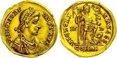 Ancient Coins Münzen Römische Kaiserzeit Honorius, 393-424, Solidus (4,05g), Mediolanum. Av: Büste nach rechts, darum Umschrift. Rev: Kaiser mit Viktoria und Labarum steht auf Gefangenem, darum Umschr