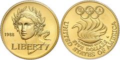 Coins of Europe and Overseas USA 5 Dollars, Gold, 1988, XXIV. Olympische Sommerspiele 1988 in Seoul-Kopf der Siegesgöttin, 7,52 g fein, Fb. 199, im Münzrähmchen, st. st Coins USA 5 Dollars, Gold, 1988