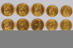 Collections and estates Sammlungen Goldmünzen ÖSTERREICH, Lot von 14 Goldmünzen: 4 x 1 Dukat 1915, 2 x 10 Kronen 1912, 2 x 20 Kronen 1915, 2 x 4 Gulden 1982 und 4 x 8 Gulden 1892. Erhaltung jeweils st