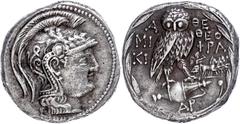 Ancient Coins Attika Athen, Tetradrachme (16,92g), ca. 137/136 v. Chr. Av: Athenakopf mit attischem Helm nach rechts. Rev: Eule auf Amphore nach rechts, daneben Quadriga. Thompson 320, ss. ss Attica A