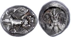 Ancient Coins Elis Olympia, Drachme (5,72g), ca. 460 v. Chr. Av: Fliegender Adler mit Schlange nach links, Gegenstempel. Rev: Geflügelter Blitz zwischen "F - A", ss. ss Elis Olympic Games, drachm (5, 