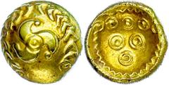 Ancient Coins Münzen Kelten Hessen, Gold-Stater (7,16g), Regenbogenschüsselchen, 1. Jhd. v. Chr.. Av. Triskeles im Dreiviertel-Blätterkranz. Rev: Drei Doppelkreise unter fünf Kreisen mit Innenpunkt, d