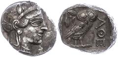 Ancient Coins Attika Athen, Tetradrachme (17,16g), ca. 403-365 v. Chr., Av: Athenekopf mit attischem Helm nach rechts, Rev: Eule nach rechts, dahinter ÷lzweig und Mondsichel, davor "AOE". Svoronos Pl.