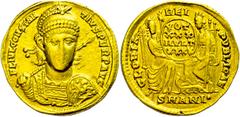 Ancient Coins Münzen Römische Kaiserzeit Constantius II., 337-361, Solidus (4,33g), Antiochia. Av: Büste mit Helm, Schild und Speer vorn, darum Umschrift. Rev: Roma und Constantinopolis mit Schild auf