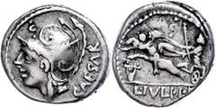 Münzen Römische Republik L. Julius L f. Caesar, Denar (3,81g), 103 v. Chr., Rom. Av: Behelmter Marskopf nach links, darüber Beizeichen, dahinter "CAESAR". Rev: Venus mit Zepter in Cupidobiga nach link