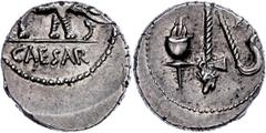 Münzen Römische Republik C. Julius Caesar, Denar (3,94g), 49 v. Chr. Heeresmünzstätte in Gallien. Av: Opfergeräte: Culullus, Aspergillum, Securis und Apex-Mütze. Rev: Elefant geht nach rechts, eine Sc