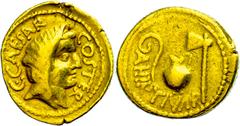 Münzen der Römischen Provinzen C. Iulius Caesar und A. Hirtius, 46 v.Chr., Aureus (7,98g), Rom. Av: Kopf der Pietas nach rechts, darum "C CAESAR COS TER". Rev: Priestergeräte, links "A. HIRTIVS PR". C
