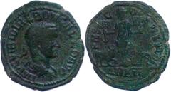 Münzen der Römischen Provinzen Moesien, Viminacium, Sesterz (9,78g), 251-253, Trebonianus Gallus. Av: Büste nach rechts, darum Umschrift. Rev: Stehende Moesia mit zwei Standarten zwischen Löwe und Sti