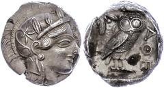 Ancient Coins Attika Athen, Tetradrachme (17,12g), ca. 415 v. Chr., Av: Athenekopf mit attischem Helm nach rechts, Rev: Eule nach rechts, dahinter Ölzweig und Mondsichel, davor "AOE". Svoronos Pl. 13,