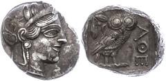 Ancient Coins Attika Athen, Tetradrachme (17,16g), ca. 403-365 v. Chr., Av: Athenekopf mit attischem Helm nach rechts, Rev: Eule nach rechts, dahinter Ölzweig und Mondsichel, davor "AOE". Svoronos Pl.