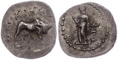 Ancient Coins Kilikien Kleinasien, unbestimmte Münzstätte (Kilikien?), Obol (0,67g). Av: Stier nach rechts, darum Perlkreis. Rev: Stehende Gestalt nach links blickend. SNG von Aulock -, sehr selten!, 