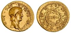 Ancient Gold Coins - Roman Nero, (A.D. 54-68), gold aureus, Lugdunum Mint, (7.67 g), issued A.D. 60, obv. bare head of Nero to right, around NERO CAESAR AVG IMP, rev. oak-wreath enclosing EX SC, aroun