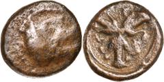 Greek Silver & Bronze Coins Cyrenaica, Cyrene, (c.322-313 B.C.), AE 14, (3.75 g), obv. head of Apollo Carneius to right, rev. three silphium plants, (S.6341, BMC 198, SNG Cop. 1226). Fine - very fine,
