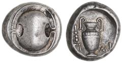 Greek Silver & Bronze Coins Boiotia, Thebes, (Circa 395-338 B.C.), issued 390-382 B.C. silver stater (12.21 g), Timi.. Magistrate, obv. Boiotian shield, rev. amphora with club in left field downwards,