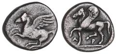 Greek Silver & Bronze Coins Peloponnesos, Corinthia, Corinth, silver diobol, (c.345-307 B.C.), (0.84 g), obv. Pegasus with pointed wing flying left, Q below, rev. Pegasus with curled wing, walking lef