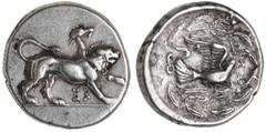 Greek Silver & Bronze Coins Peloponnesos, Sicyonia, Sicyon, silver stater of Aeginetic standard, (431-400 B.C.), (12.07 g.), obv. Chimaera to right on ground line, reversed or inverted SE below, rev. 