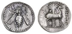 Greek Silver & Bronze Coins Ionia, Ephesus, (202-c.150 B.C.), silver drachm, (4.17 g), obv. bee with straight wings dividing E - F, dotted border, rev. stag standing to right, palm tree behind, to rig