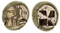 Ancient Gold Coins - Greek Mysia, Kyzikos, (C.500-450 B.C.), electrum hekte or sixth stater, 8.5mm, (2.70 g), obv. nude male kneeling left, holding in his extended right hand a tunny fish by the tail,