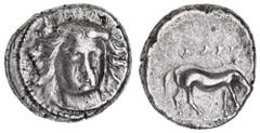Greek Silver & Bronze Coins Thessaly, Larissa (under Macedonian domination), (365-356 B.C.), silver drachm, (6.14 g), obv. facing head of nymph Larissa three-quarter to right, rev. horse grazing to ri