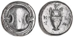Greek Silver & Bronze Coins Boiotia, Thebes, (395-338 B.C.), silver stater (11.06 g), Hism[e] magistrate, obv. Boiotian shield, rev. amphora in concave field, grapes on branch above, across field to l