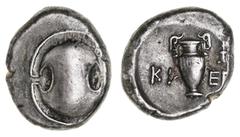 Greek Silver & Bronze Coins Boiotia, Thebes, (Circa 395-338 B.C.), silver stater (11.94 g), Klee[s] Magistrate, obv. Boiotian shield, rev. amphora with thymiaterion in field to right, across fields KL