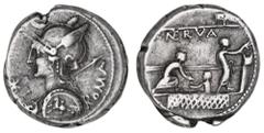 Roman Silver & Bronze Coins - Republic P. Nerva, (113-112 B.C.), silver denarius, Rome Mint, (3.98 g), obv. Roma helmeted bust to left, before. crescent above, ROMA behind, rev. P. NERVA above, three 